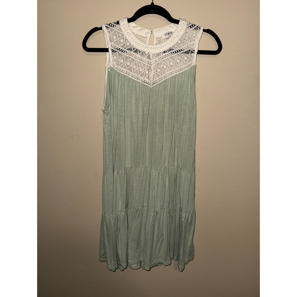 Umgee Sage Green Tiered Mini Dress White Crochet Lace Yoke Boho Sleeveless Small